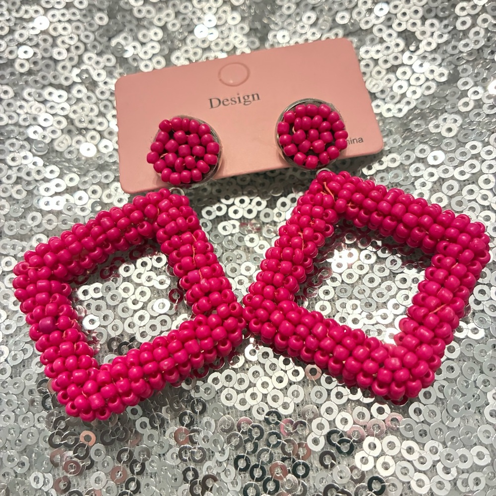 Pink Beaded Square Earrings